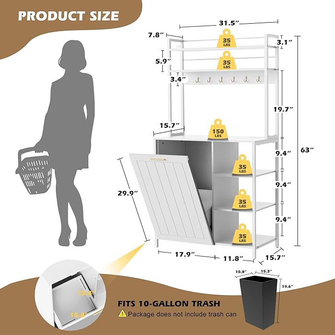 Kitchen Bakers Rack with Power Outlets, 63"H Microwave Oven Organizer with Tilt Out Trash Can Cabinet Storage Shelf 6 Tiers Coffee Bar Stand, Freestanding Pantry Hutch Rack with 6 Hooks (white)
