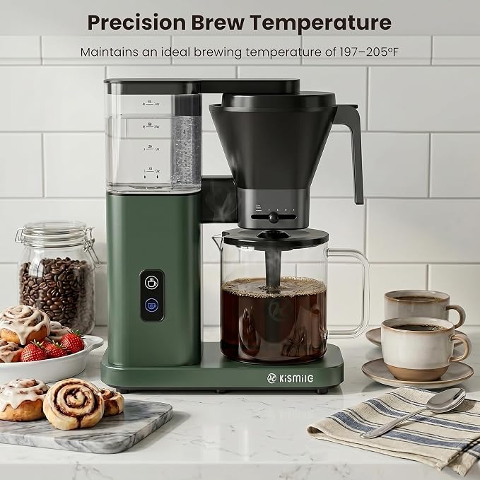 Kismile 8-Cup Coffee Maker, SCA Certified Hot & Cold Brew Coffee Machine, 6-Min Quick Brew, Magnetic Anti-Drip, Adjustable Flow Control, Keep Warm, Dishwasher Safe, DIY Manual Mode, Olive Green
