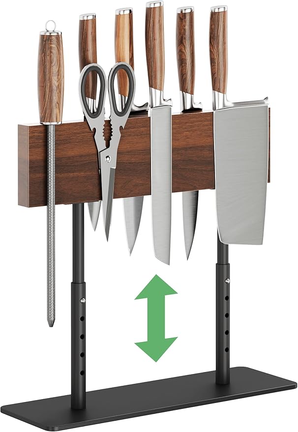 NiHome Acacia Wood Knife Block, Adjustable Height Magnetic Stand (8.66–11.81 in), Double-Sided Knife Storage, Thick Metal Base with Non-Slip Pads for Kitchen Counter