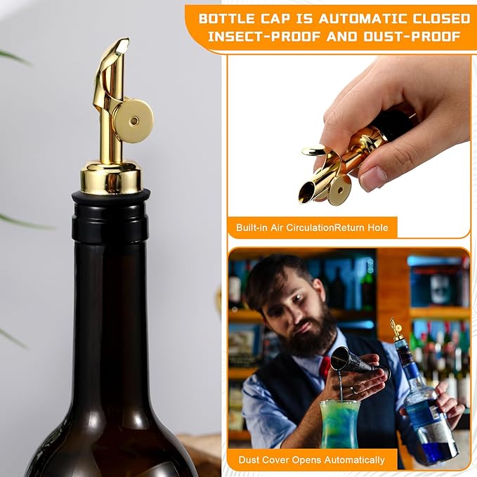 Blulu 24pc Olive Oil Spout Stainless Steel Weighted Bulk Self-Closing Bottle Pourers for Wine Syrup Home Bar Accessories (Gold)
