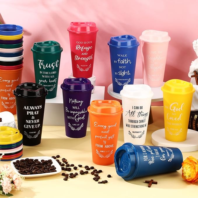 Skylety 40 Pack Bulk Christian Gifts for Men Women 16oz Reusable Bible Verse Tumbler Plastic Coffee Cup with Lid Inspirational Religious Church Gift for Teacher Graduation Party Favor (Multicolor)