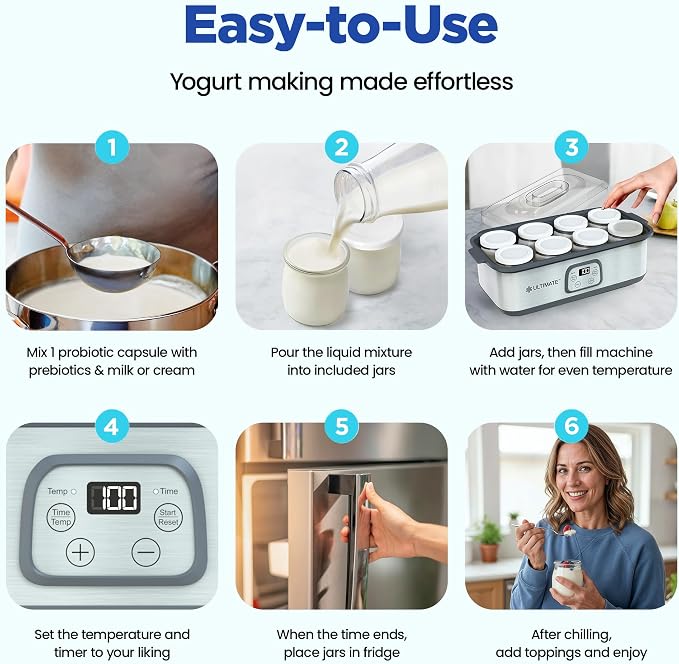 Ultimate Probiotic Yogurt Maker for Easy-to-Make Live Probiotics at Home with Adjustable Time & Temp Control, Best Kitchen Gift for Men & Women's Gut Health, UNLIMITED LIFETIME WARRANTY (8-Jar Model)