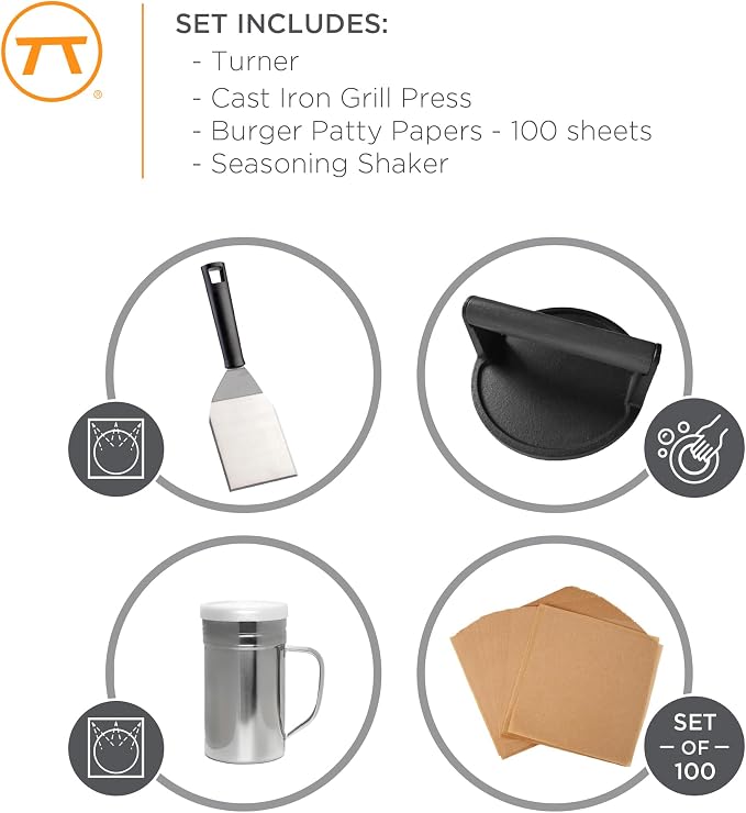 Outset Smash Burger Press Kit, Includes Cast Iron Press, Patty Paper, Spatula and Seasoning Shaker