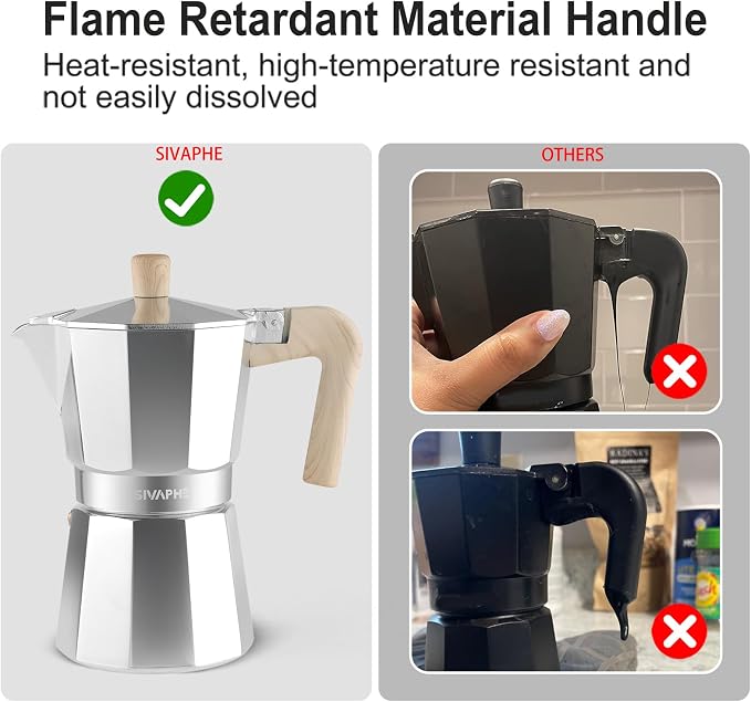 Sivaphe Aluminum Moka Pot 9 Espresso Cups, Percolator Espresso and Coffee Maker, Portable Stovetop Italian and Cuban Café Brewer for Home and Camping Sliver