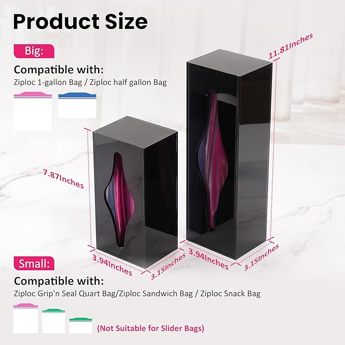 LUVCOSY Acrylic Food Bag Storage Organizer Magnetic Fridge Attachment Compatible with Ziploc Sandwich/Snack/Grip'n Seal Quart/1 Gallon, Dispenser for Ziploc Bags, Kitchen Organization, 2 Packs