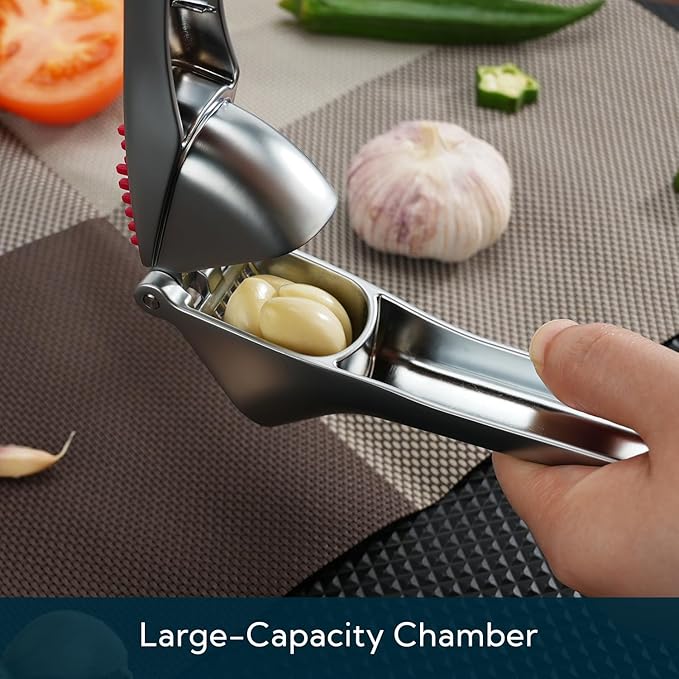 KITCHENDAO Heavy-Duty Garlic Press with Built-in Scraper & Cleaning Pusher, No Peeling Garlic Crusher with Large Chamber, Zinc Alloy Garlic Mincer, Dishwasher Safe