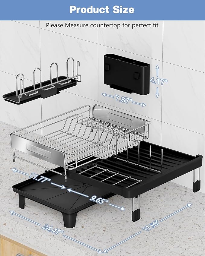 Expandable Dish Drying Rack, Dish Racks for Kitchen Counter, Stainless Steel 304, Flip-Top Retractable Plate, Multi-Directional Adjustable Dish Rack, Space Saving Large Drying Rack Kitchen, Black