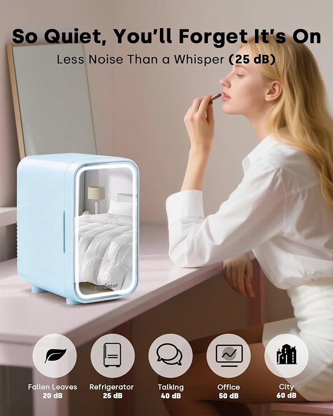 Enventor Mini Skincare Fridge Small Refrigerator for Bedroom, Beauty Fridge for Makeup with Dimmable LED Mirror, 6 L / 8 Cans Compact Portable Cooler for College Dorm, Office, Car, Blue