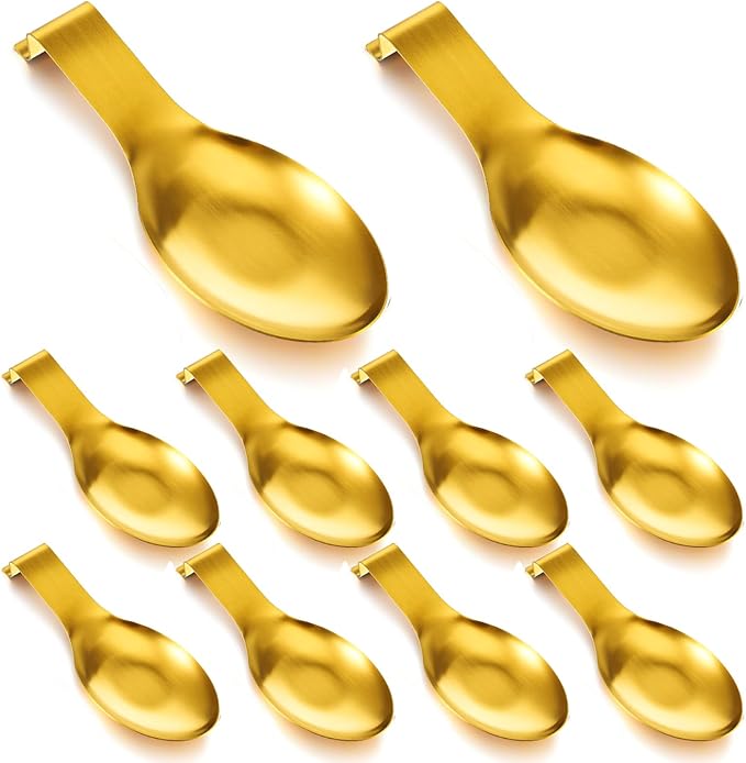 10 Pcs Gold Stainless Steel Spoon Rest, Spatula Ladle Holder Utensil Spoon Rest for Stove Top/Countertop Heavy Duty Ladle Holder for Kitchen Cooking Utensils, Dishwasher Safe, 3.8'' x 9.8''