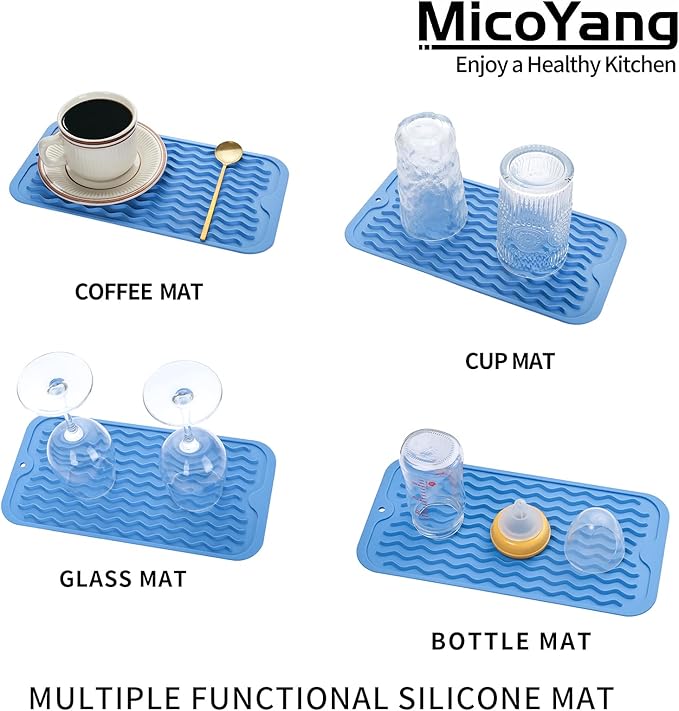 MicoYang Silicone Dish Drying Mat for Multiple Usage,Easy clean,Eco-friendly,Heat-resistant Silicone Mat for Kitchen Counter or Sink,Refrigerator or Drawer Liner Lichen BlueL S 12 inches x 6 inches