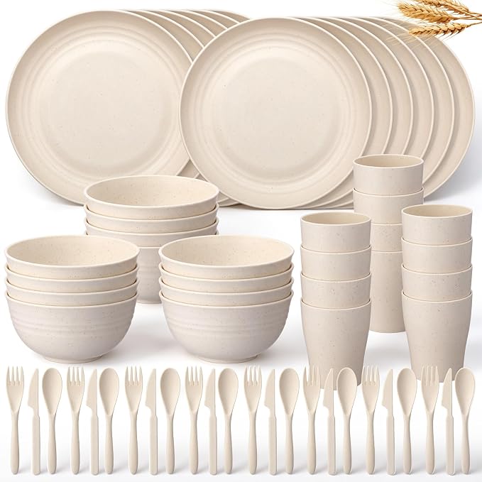 Zhehao 72 Pcs Wheat Straw Dinnerware Sets for 12 Dishwasher Microwave Safe Unbreakable Reusable Kitchen Cups, Plates, Bowls Cultery Sets for Patio, Outdoors, Rv, Camping Dishes(Beige)