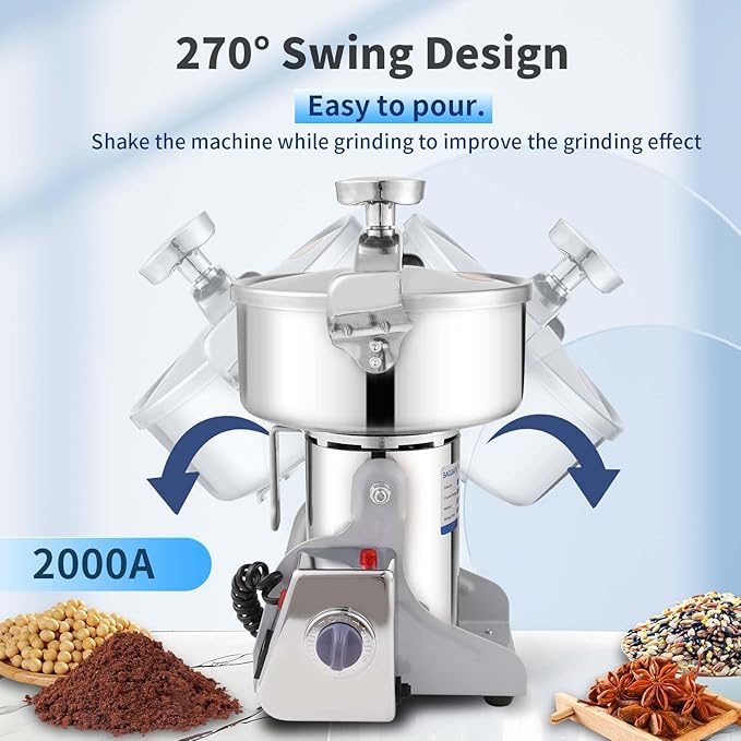 Electric Grain Mill 3500W Superfine Powder Grinder Dry Grinder Machine 36000r/min High-speed Grain Mill 270° swingable Dry Material Grinding Machine Stainless Steel Pulverizer 2000g