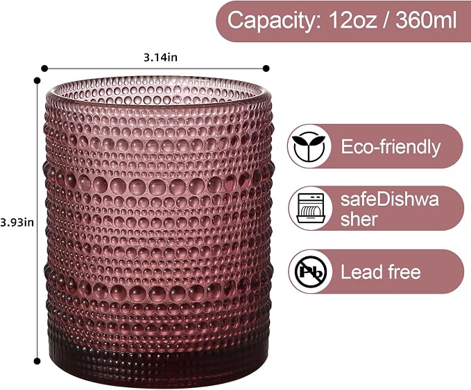 ZMOWIPDL Vintage Glassware Drinking Glasses Set of 6,12 oz Hobnail Glass Cups,Embossed Purple Water Tumbler,for Beer,Cocktail,Whiskey,Juice and Various Mixed Drinks- 1 Cleaning Brush