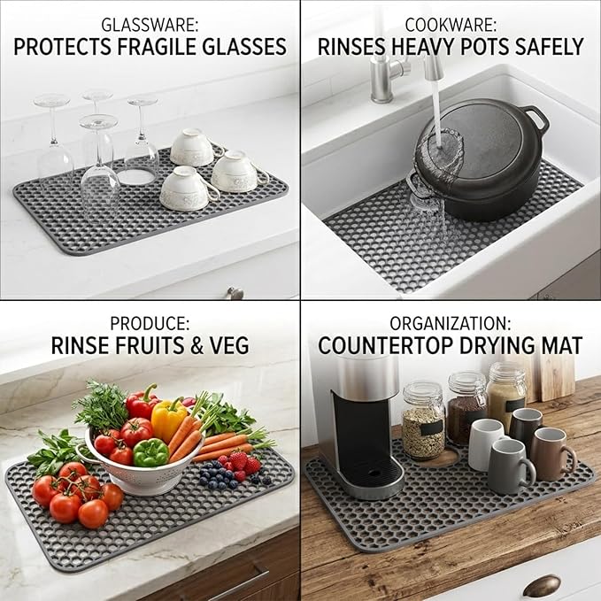 Silicone Sink Protectors for Kitchen - Non-Slip Heat Resistant Grid Mat for Farmhouse Porcelain Stainless Steel, Protects & Cushions Your Sink (Gray 1PCS, 26"x14" Rear Drain)