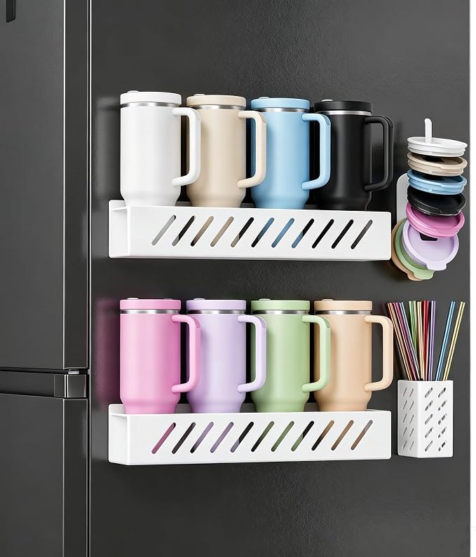 Magnetic Stanley Cup Holder, 2-Pack Water Bottle Organizer with Tumbler Lid & Straw Holder for 8 Stanley 30/40 oz Tumblers - Stores Cup Accessories on Refrigerator or Iron Surfaces, Removable- White