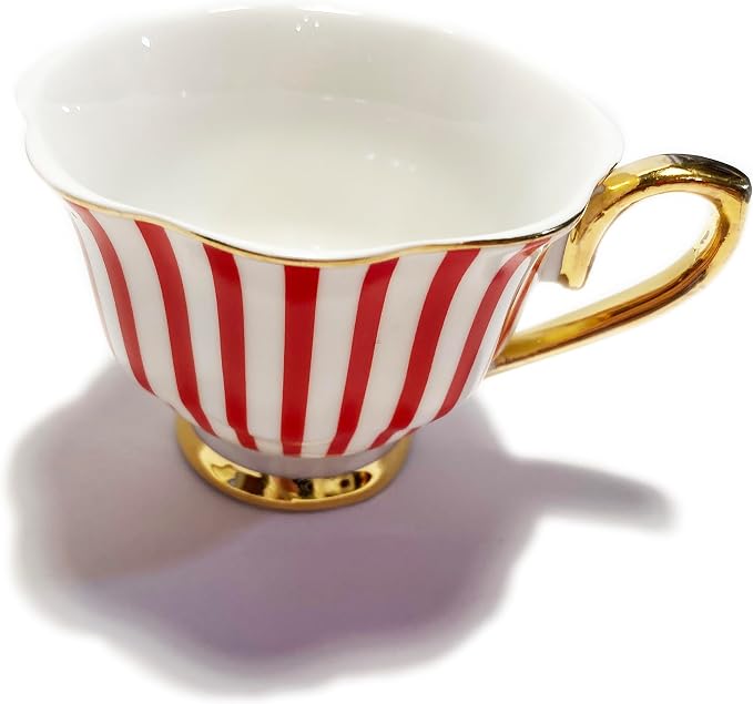Mazeology Espresso Cups Movie Star Bone China Fluted Red & White Stripe 2 Sets Cups and Saucers with Gold Accents