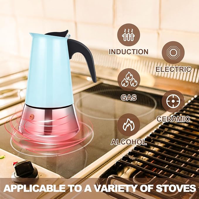 4 Cup Stovetop Espresso Maker Stainless Steel Moka Pot Stove Top Percolator Italian Coffee Makers Capable Mocha Greca Machine Cafe Classic Induction Cookers for Home and Camping 200ml 6.6oz