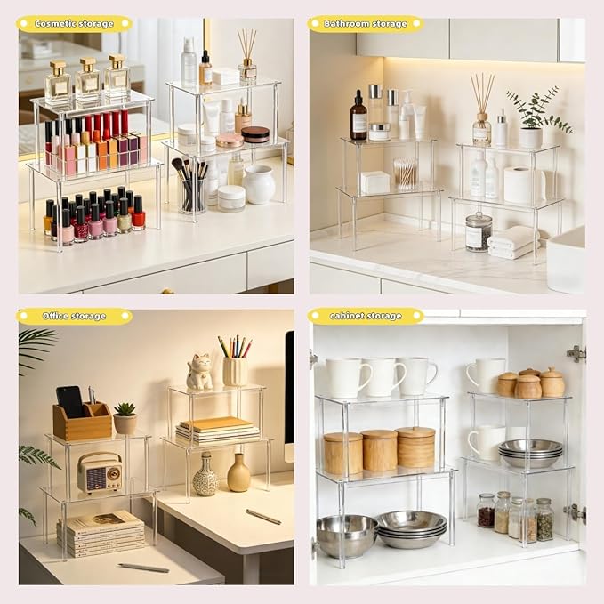 Clear Acrylic Cabinet Organizer, 4-Pack Stackable Shelf Riser for Kitchen Pantry & Countertop, Tiered Spice Rack Organizer for Cabinets, Dishes, Spices & Storage