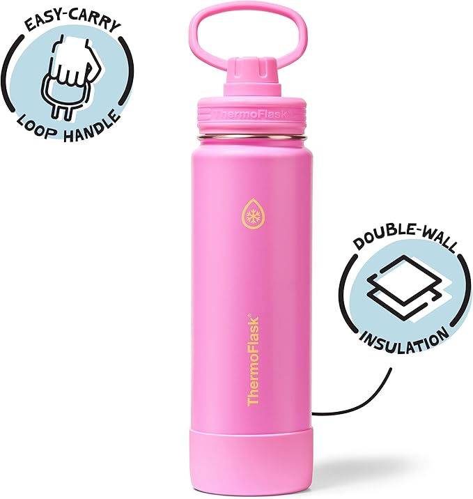 ThermoFlask Insulated Water Bottle with Spout Lid (24 oz, Shocking Pink) - Leakproof, Stainless Steel Water Bottle for Cold & Hot Drinks, Travel & Daily Hydration
