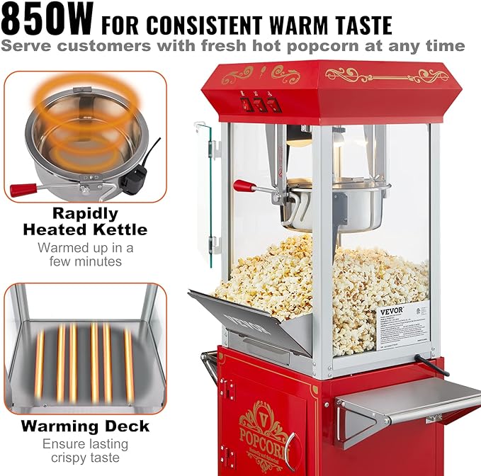 VEVOR Commercial Popcorn Machine, 8 Oz Kettle, 850 W Popcorn Maker on Wheels for 48 Cups per Batch, Theater Style Popper with 3-Switch Control Steel Frame Tempered Glass Doors Cart 1 Scoop 2 Spoons | 850W Theater Style Popper, On Wheels, 48 Cups per Ba...