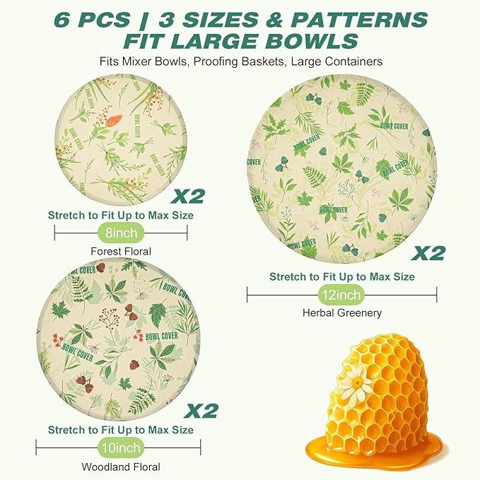 6 Pcs Beeswax Bowl Covers Reusable, Large Reusable Bowl Covers for Bread Proofing,Stretchable to Fit 8/10/12 Inch Bowls (2 Each),3 Patterns, Beeswax Wraps for Bread,Leftovers,Fruits,Salad