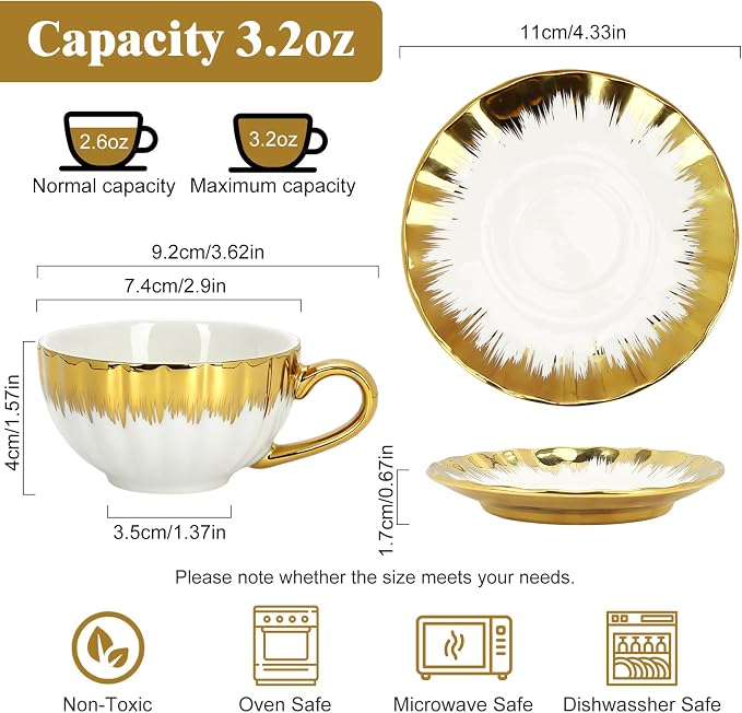 Espresso Cups with Saucers, 3.5 OZ Gold Ceramic Coffee Cup Set of 6, Demitasse Coffee Cup for Double Shot, Latte, Cafe Mocha and Tea, Dishwasher & Microwave Safe (Gold Trim-04)