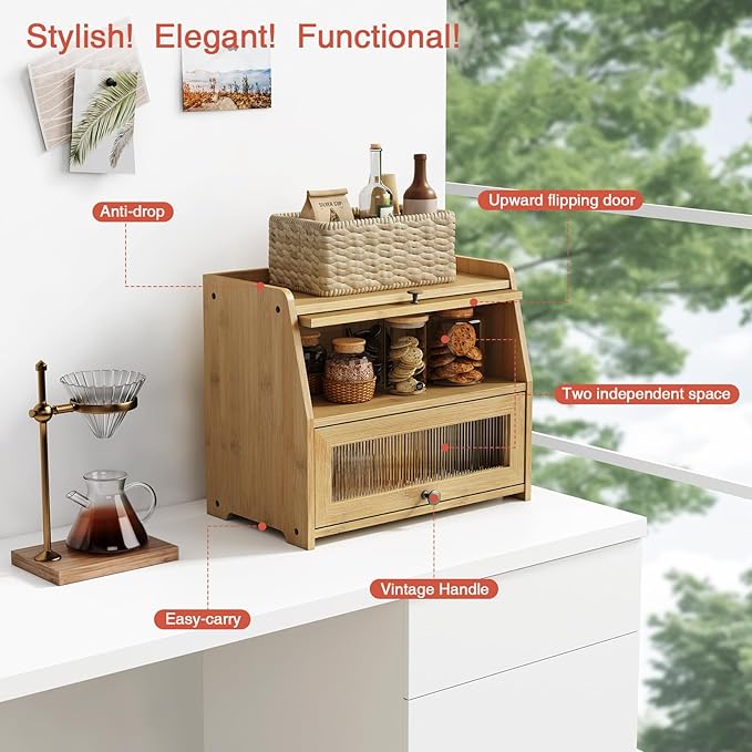 Goozii Large Bread Box for Kitchen Countertop, Double Layer Breadbox for Homemade Loaf Bread, Farmhouse Bread Storage Container Bin for Kitchen Counter Pantry Cupboard (Natural Bamboo)