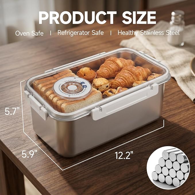 Bread Storage Box for Kitchen Countertop, Large Capacity Stainless Steel Breadbox, Bread Container Holder with Airtight See Through Time Recording Lid for Homemade Loaf, Toast, Bagel, Cookies