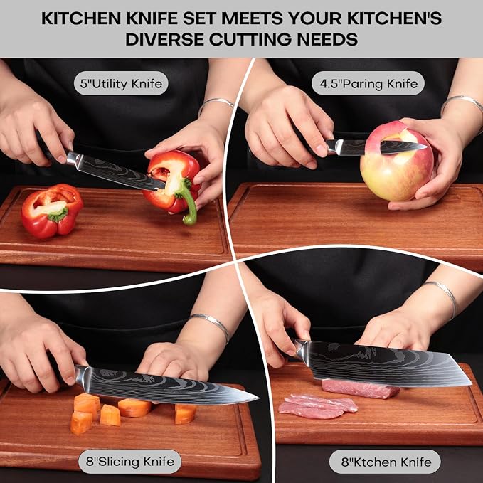 8-Piece Premium Japanese Kitchen Knife Set - Star Collection, Laser Damascus Pattern, 440A Stainless Steel Ultra Sharp for Fast Cutting (Redwood 8J)