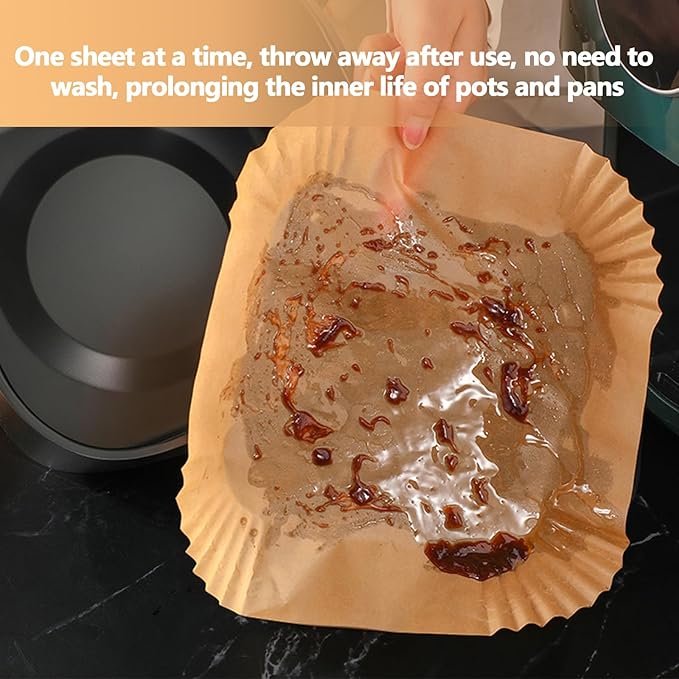 9 Inch Air Fryer Paper Liner Disposable, 200PCS Non-Stick, Oil-Proof & High-Temperature Resistant Square Baking Parchment Paper for Air Fryer, Microwave and Oven（Bottom Is 8 Inch）