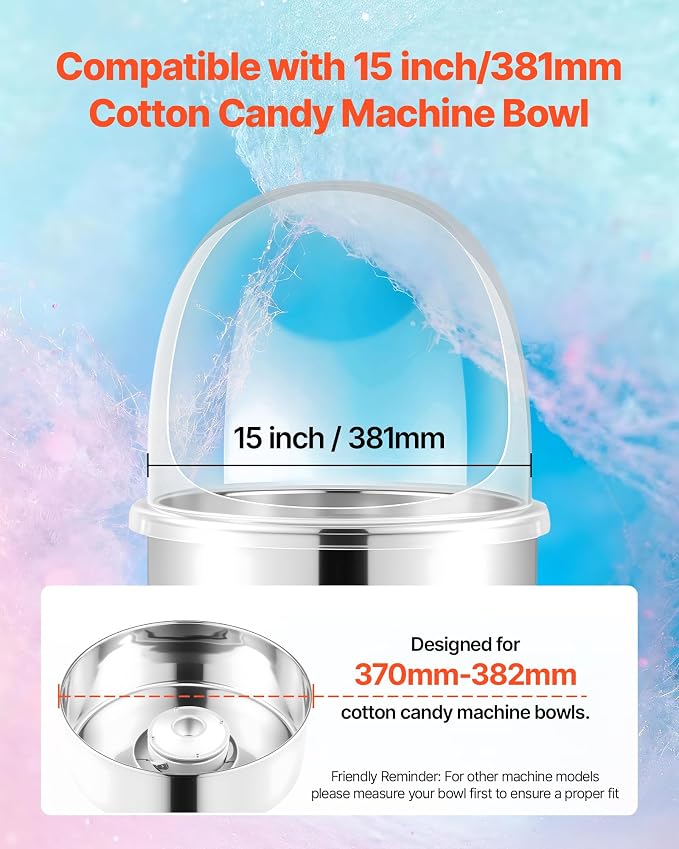 VEVOR 16 Inch Cotton Candy Machine Cover, Transparent Acrylic Dome Bubble Shield Compatible with 15inch Commercial Cotton Candy Floss Maker Bowl for Party, Shops, Bottom Groove Design