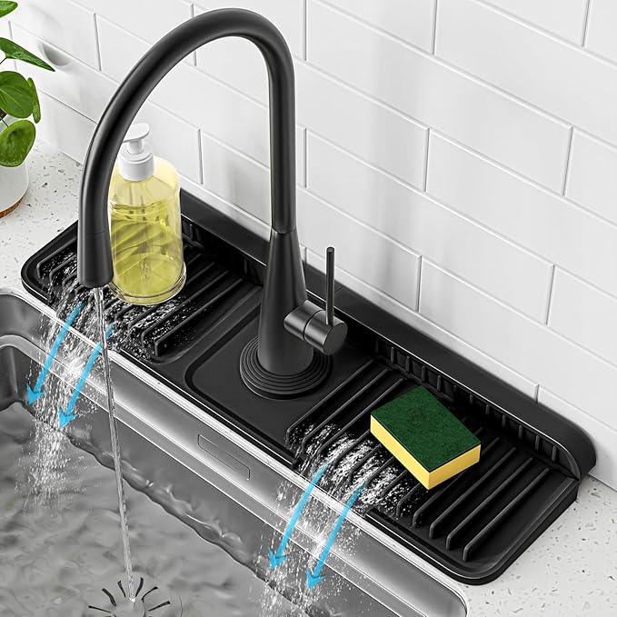 PoYang 17.7 inch Faucet Mat for Kitchen Sink Splash Guard, 7° Slope Silicone Sink Water Splash Guard for Kitchen Sink Area with Snap Button, Long Sink Protectors for kitchen Sink Sponge Holder, Black