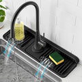 PoYang 17.7 inch Faucet Mat for Kitchen Sink Splash Guard, 7° Slope Silicone Sink Water Splash Guard for Kitchen Sink Area with Snap Button, Long Sink Protectors for kitchen Sink Sponge Holder, Black