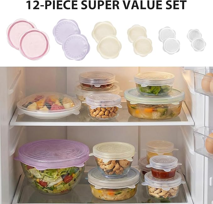 12 Pcs Silicone Stretch Lids, Reusable Silicone Bowl Covers for Food Storage, Microwave & Dishwasher Safe, Leak Proof Airtight Seal Tops for Cans, Cups, Jars