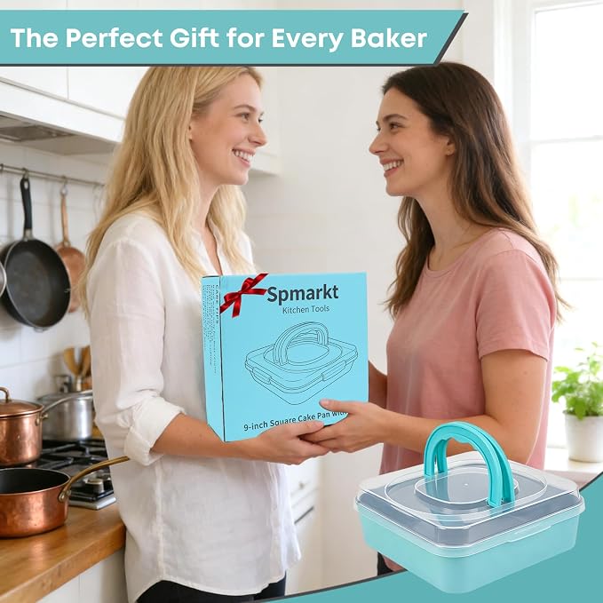 9 Inch Square Cake Pan with Snap-Lock Lid, Nonstick Carbon Steel Brownie Pan with Foldable Handle, PTFE & PFOA Free, for Brownies Bars Casseroles