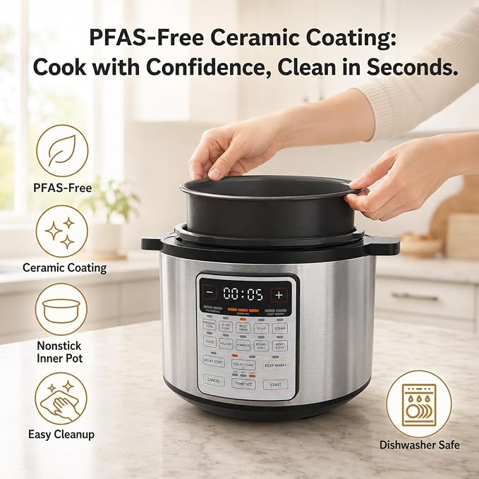 Fullwill 8QT Electric Pressure Cooker, 12-in-1, Ceramic Nonstick Pot, Sauté, 1200W Fast Cook, Slow Cook, Steam, Yogurt, Rice Cooker, for Family Meals, 1200W,Silver