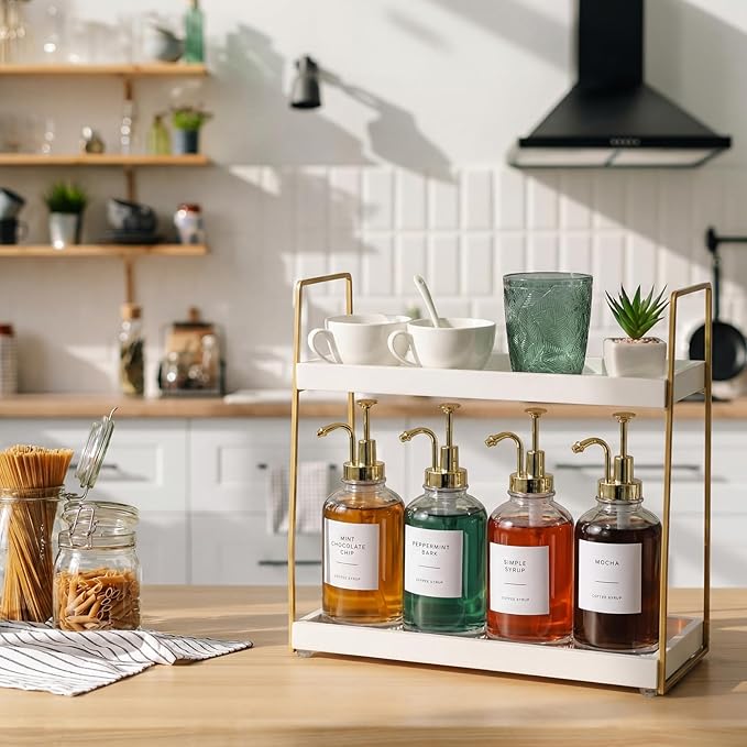 Leinuosen Coffee Bar Accessories, 2 Tier Wooden Cup Organizer Station and 4 Coffee Syrup Dispenser, 16.9 oz 500ml Glass Syrup Dispenser with 36 Labels and 1 Silicone Funnel(Gold)