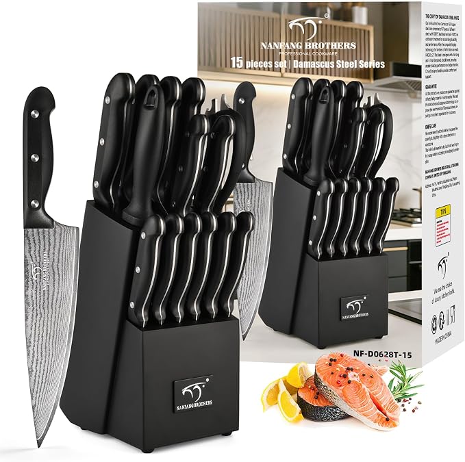 NANFANG BROTHERS 15-Piece Damascus Kitchen Knife Set, 67-Layer VG10 Japanese Steel, Professional Chef & Steak Knife Set with Compact Block, Triple-Riveted Handles (Hand-Wash Only)