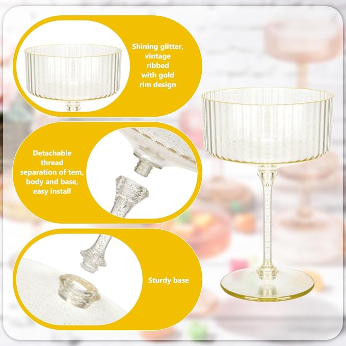 Jingmore Ribbed Martini Glasses 10 oz Disposable Plastic Vintage Ribbed Coupe Glasses with Gold Rim Cocktail Unbreakable Dessert Parfait Glassware for Wedding Party Supplies(Clear,100 Pcs)