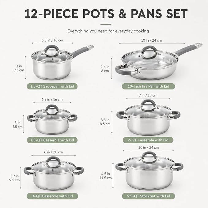Cook N Home Basics Stainless Steel Cookware Sets, 12-Piece Pots and Pans | Stay-Cool Handle, Induction Compatible, Dishwasher and Oven Safe