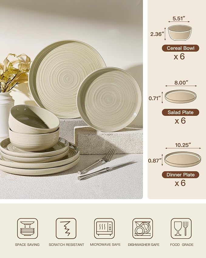 18-Piece Stoneware Dinnerware Sets for 6 - Coupe Plates and Bowls with Speckles & Spirals - Chip & Scratch Resistant, Microwave & Dishwasher Safe - Farmhouse Dishes - Gift Box, Honey