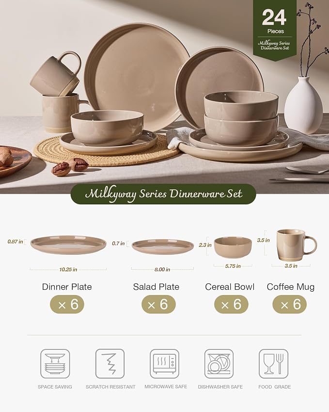 Famiware Milkyway Stoneware Dinnerware Sets with Mugs, Service for 6 (24 Pieces), Plates and Bowls Sets -Scratch Resistant, Microwave and Dishwasher Safe Dishes Set, Cinnamon Brown
