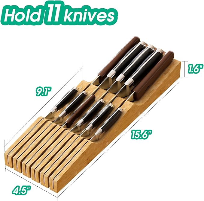 Knife Drawer Organizer Insert, Bamboo Wood Knife Holder, Knife Block Holds Up To 11 Knives