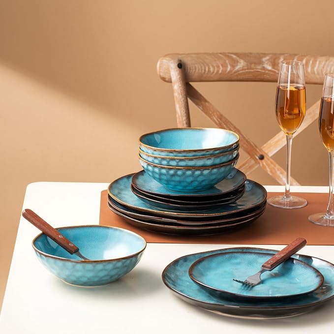 Porcelain Dinnerware Set for 4, 12-Piece Plates and Bowls Set for 4, Modern Stoneware Dinnerware Chip and Scratch Resistant, Microwave and Dishwasher Safe (Blue)