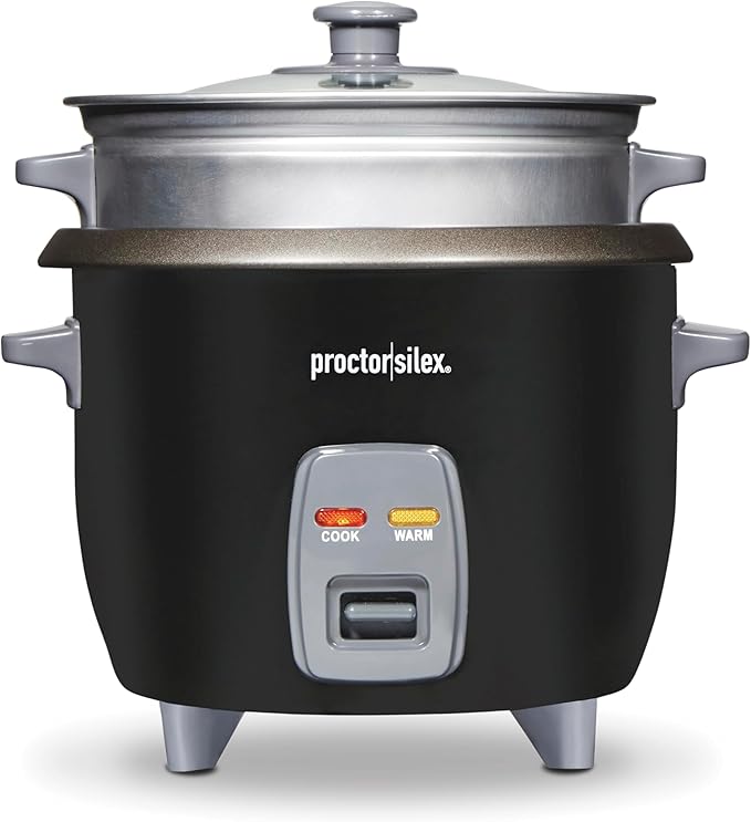 Proctor Silex Rice Cooker & Food Steamer, 6 Cups Cooked (3 Cups Uncooked), Includes Steam and Rinsing Basket, Black (37510)