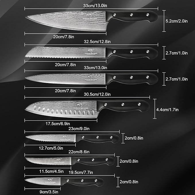 NANFANG BROTHERS 15-Piece Damascus Kitchen Knife Set, 67-Layer VG10 Japanese Steel, Professional Chef & Steak Knife Set with Compact Block, Triple-Riveted Handles (Hand-Wash Only)