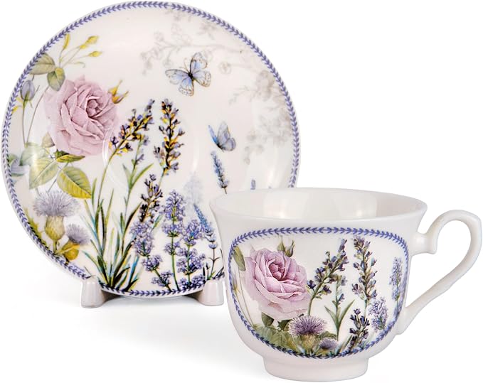 STP GOODS Bone China Tea/Coffee Cup and Saucer in Gift Box Fine Bone China Coffee Cup with Saucer Tea Cup and Saucer Set of One (Lavanda)