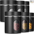 Patelai 6 Pack Kitchen Canisters Set 20 oz Airtight Stainless Steel Canister Food Storage Container with Window Glass, Coffee Sugar Candy Jars Tea Organizer for Flour Cookies Spice Kitchen (Black)