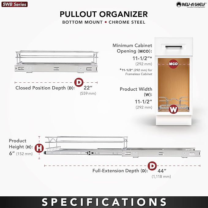 Rev-A-Shelf Pullout Kitchen Cabinet Drawer and Rolling Organizer Cabinet Pantry Storage Basket in Multiple Sizes, 12 x 22 in, 5WB1-1222CR-1
