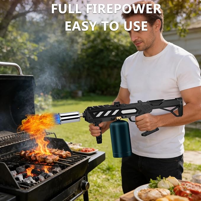 Powerful Propane Torch with Detachable Design, Adjustable Flame Kitchen Blow Torch, Flamethrower Gun Torch Burner for BBQ, Searing Steak, Welding, Camping Charcoal Lighter (Tank Not Included)